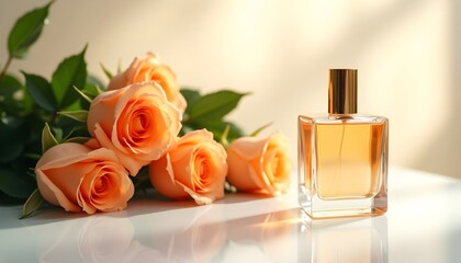 Elegant Rose Flowers with Perfume Bottle on White Surface | Luxury Floral Still Life