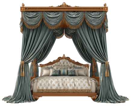A grand fourposter bed with ornate golden frame and draped teal curtains, isolated on transparent background
