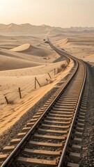 Railway track winding through a sun drenched desert landscape