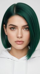 Woman with green hair portrait against white background close up