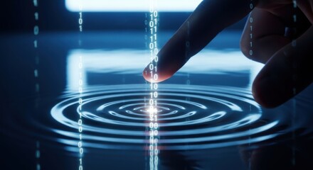 Futuristic digital touch with binary code flowing and ripples, symbolizing data interaction, connectivity, and innovation