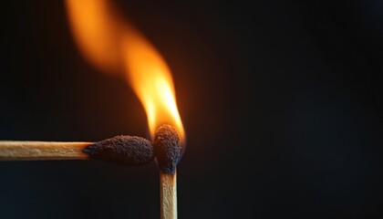 Close up two wooden matches. Burning match ignites another stick, creating bright orange fire flame. Heat energy transfers, showing new light from connection. Dark black background highlights intense