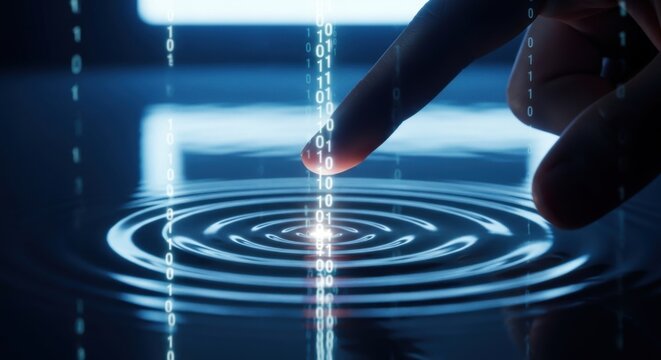 Futuristic digital touch with binary code flowing and ripples, symbolizing data interaction, connectivity, and innovation