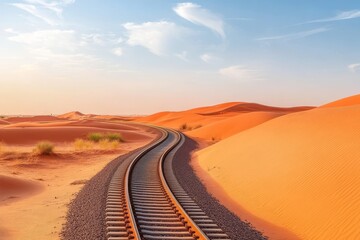 Railway tracks curving through a sunlit desert landscape