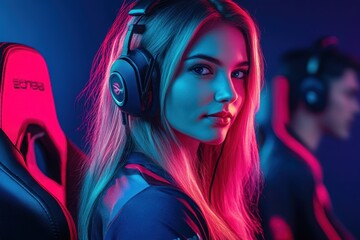 Obraz premium Young gamer focused on competition in colorful esports arena