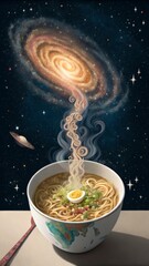 Ramen Bowl transforming into a swirling cosmic galaxy
