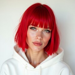 Woman with vibrant red hair and white hoodie portrait on white background