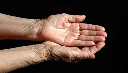 Close-up of elderly hands, palms upward, showing wrinkles and fine details against a black background