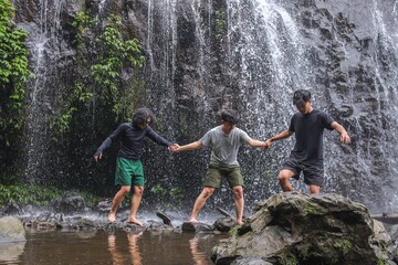 Obraz premium Three Friends Joyfully Exploring Vibrant Waterfall Nature Together During Summer Travel