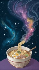 Ramen noodles pouring into space in a vibrant illustration