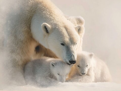 Mother Polar Bear and Two Cute Cubs Cuddle in Snowy Arctic Environment, Wildlife Family Love and Protection