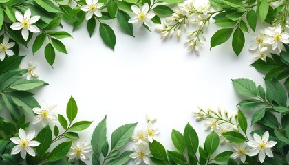 Fototapeta premium White flowers and green leaves create a natural border on a clean white background. Rich foliage with delicate blossoms forms a frame for text or design elements.