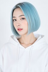 Young woman with blue hair wearing a white hoodie against a plain background