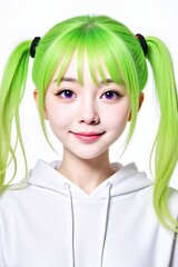 Young woman with green hair and pigtails against a white background