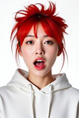 Young woman with bright red hair in white hoodie on isolated background