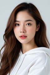 Young woman with long brown hair and white hoodie portrait