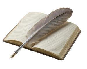 Thoughtful and nostalgic scene of vintage open blank notebook with silver quill pen. This classic setup evokes feelings of old literature, poetry, and writing
