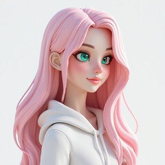 Young woman with pink hair vibrant eyes and white hoodie