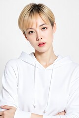 Young woman with short blonde hair wearing a white hoodie against a white backdrop
