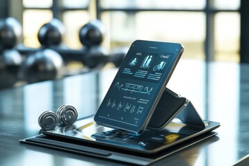 Innovative fitness technology displayed in a modern gym setting with weights and tablets