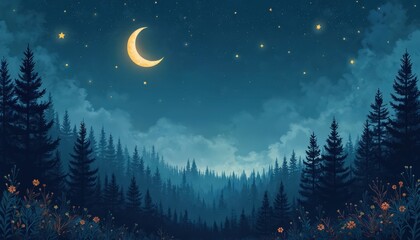 Naklejka premium Nighttime forest scene with crescent moon above starry sky. Dark pine trees silhouette against blue clouds. Small flowers bloom in foreground. Calm, mystical atmosphere.