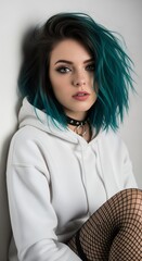 Young woman with teal hair in hoodie looking at camera portrait