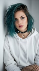 Young woman with teal hair leans against a wall neutral background
