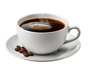 Fototapeta premium Hot black coffee cup with rising steam, comforting and aromatic beverage for morning. Roasted coffee beans sit on saucer, perfect start to day