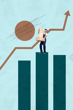 Collage with person observing rising arrow symbolizing startup growth business income statistics trading decrease increase