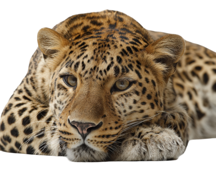 A closeup portrait of a majestic leopard resting its head on its paws, showcasing its spotted coat isolated on transparent background
