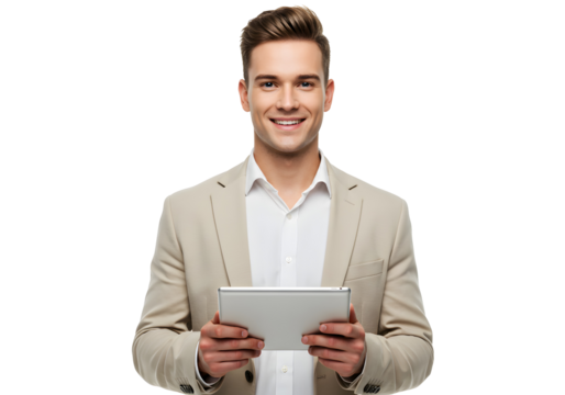 Young businessman with a tablet smiles at the camera on a white background