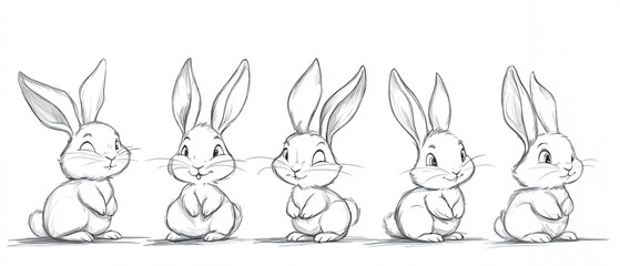 Obraz premium Cute Cartoon Bunny Sketches Progression in Five Unique Poses