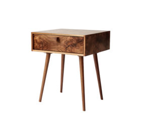 A single drawer wooden nightstand with tapered legs, isolated on transparent background