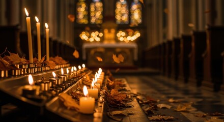 Lit prayer candles illuminating a dark church interior, adorned with fallen autumn leaves, creating a warm, spiritual, and serene atmosphere.