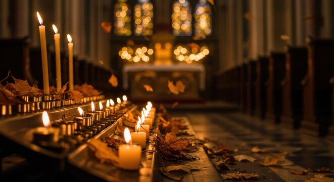 Lit prayer candles illuminating a dark church interior, adorned with fallen autumn leaves, creating a warm, spiritual, and serene atmosphere.