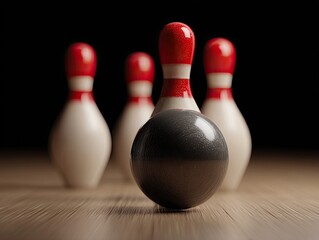 Naklejka premium A close-up of a black bowling ball positioned amongst red-topped, white-bodied pins