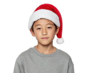 Calm and serious asian boy, young kid and child, wearing santa hat for christmas holiday portrait. festive child looking directly at camera with neutral face