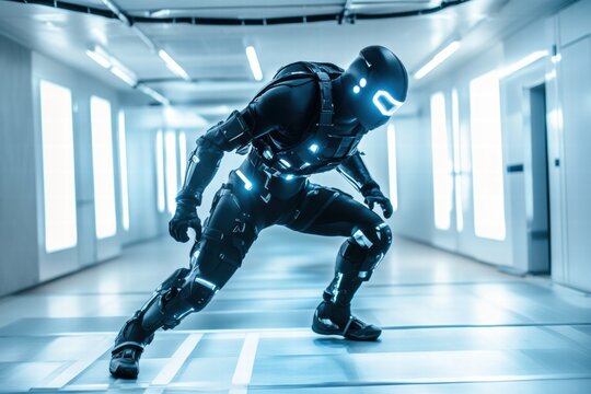 Humanoid robot walking inside futuristic corridor