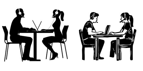 Call center customer support service features operators wearing headsets, with diverse staff seated at tables in a helpdesk setting against a white background, depicted in a modern flat illustration