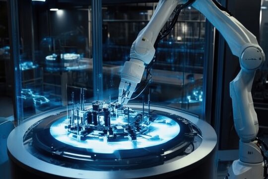 Futuristic robot and hologram projection in lab