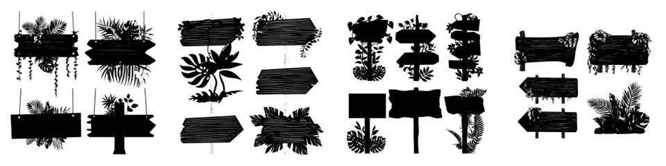 Fototapeta premium Signboards made of stone are situated in the jungle, accompanied by pointers and panels adorned with green leaves and lianas, all set against a modern cartoon backdrop featuring rock boards and