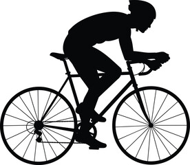 Road cycling silhouette, racing cyclist posture, helmet rider on bike, speed sport concept, black vector, aerodynamic motion, fitness, transportation