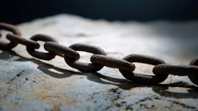 A close-up of a rusted chain laid on a stone surface, symbolizing strength, connection, and the passage of time within an abstract and textured environment.