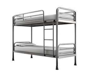 A metal bunk bed with mattresses and a pillow, isolated on transparent background