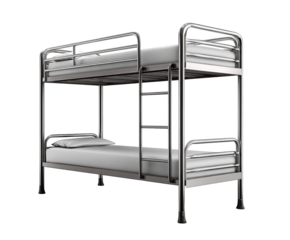 A metal bunk bed with mattresses and a pillow, isolated on transparent background