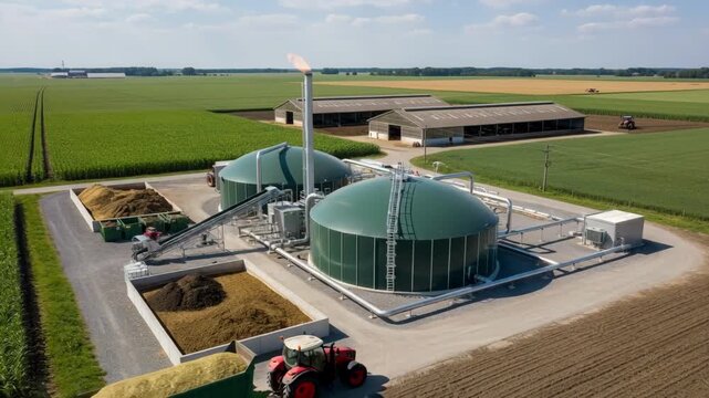 Medium shot of a biogas plant next to a farm highlighting organic waste conversion into energy for agricultural use.