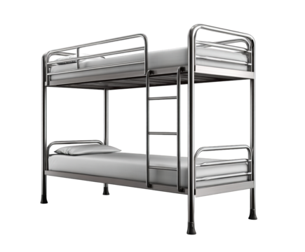 A metal bunk bed with mattresses and a pillow, isolated on transparent background