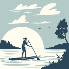 Silhouette of a woman paddleboarding on a calm lake at sunset with a large sun and distant trees