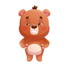 Funny happy cute bear on a white background. Cartoon children's vector illustration for the design of postcards, cards, clothes, textiles, stickers.