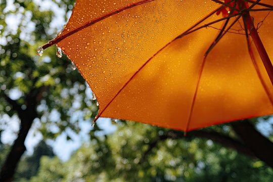 Close-up of an open orange umbrella, glistening with raindrops, against a backdrop of green foliage